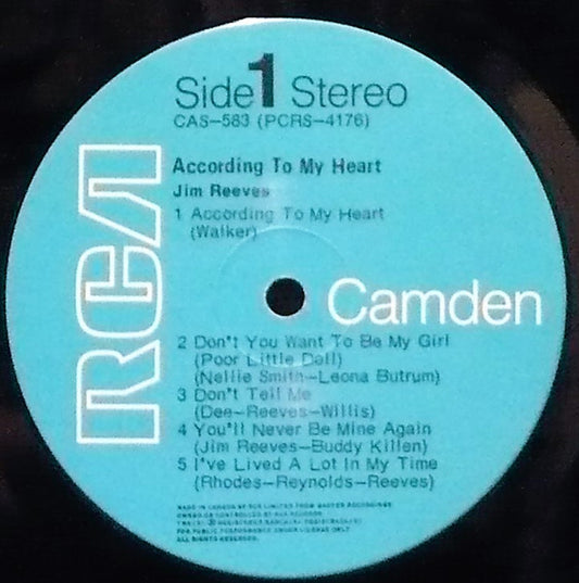 Jim Reeves - According To My Heart (LP) (B-Keus) Vinyl LP Vinyl (G) <br> Hoes (F) "VINYLSINGLES.NL"