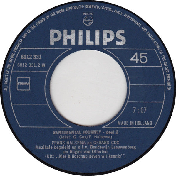 Frans Halsema & Gerard Cox - Sentimental Journey (Deel 1 + Deel 2) Vinyl Singles Vinyl Very Good (VG) <br> Hoes Generic