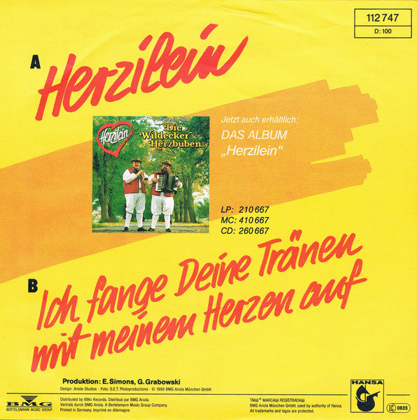 Wildecker Herzbuben - Herzilein Vinyl Singles Vinyl Very Good (VG) <br> Hoes Good Plus (G+)