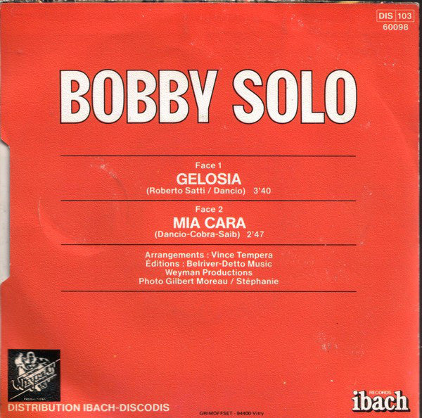 Bobby Solo - Gelosia Vinyl Singles Vinyl Very Good (VG) <br> Hoes Good Plus (G+)