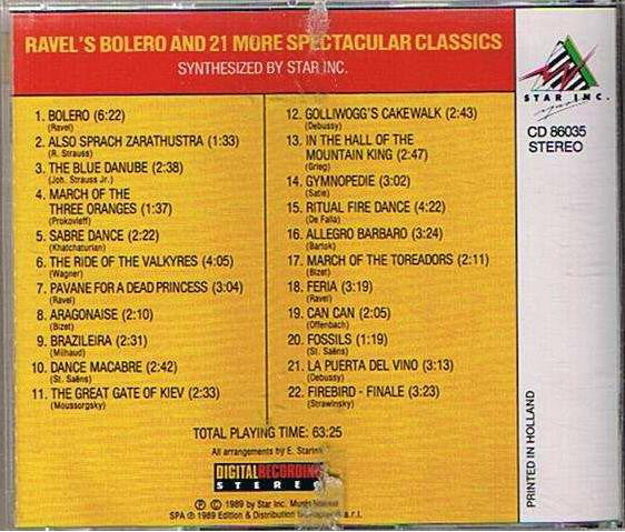 Star Inc. - Ravel's Bolero And ** More Spectacular Classics, Synthesized By Star Inc. (CD) Compact Disc Vinyl Very Good (VG) <br> Hoes Good Plus (G+)