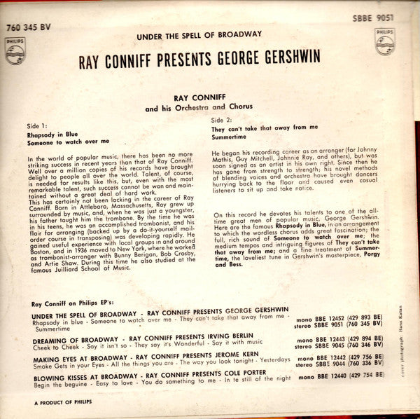 Ray Conniff And His Orchestra & Chorus - Under The Spell Of Broadway Vinyl Singles EP Vinyl Very Good (VG) <br> Hoes Good Plus (G+)