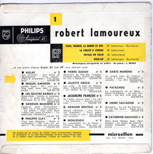 Robert Lamoureux - Papa, Maman, La Bonne Et Moi... Vinyl Singles EP Vinyl Very Good (VG) <br> Hoes Good Plus (G+)
