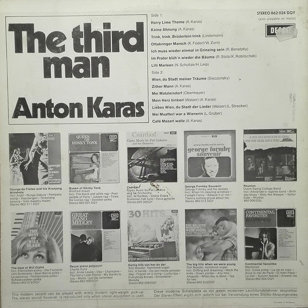 Anton Karas - The Third Man (LP) Vinyl LP Vinyl Very Good (VG) <br> Hoes Good Plus (G+)
