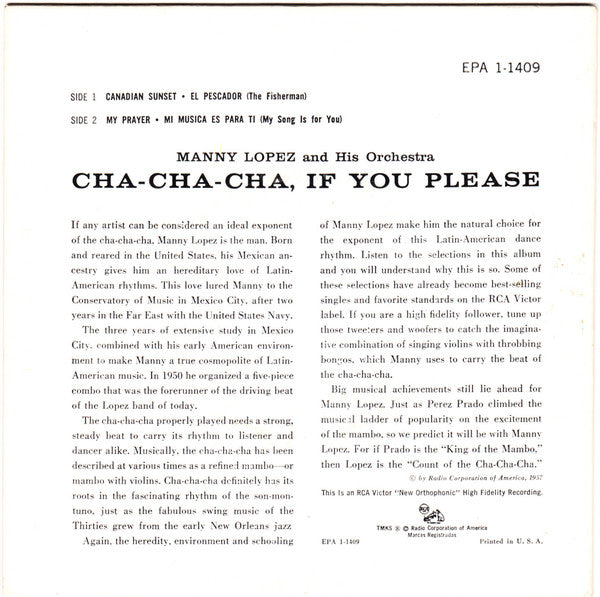 Manny Lopez And His Orchestra - Cha-Cha-Cha, If You Please Vinyl Singles EP Vinyl Very Good (VG) <br> Hoes Good Plus (G+)