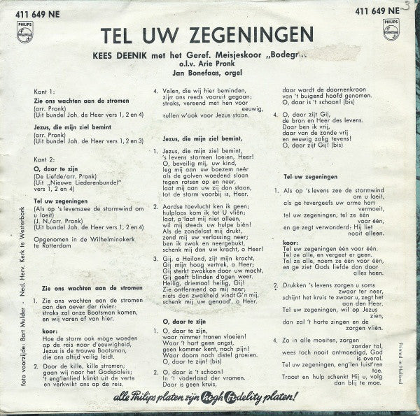 Kees Deenik, Arie Pronk, Jan Bonefaas - Tel Uw Zegeningen Vinyl Singles EP Vinyl Very Good (VG) <br> Hoes Good Plus (G+)
