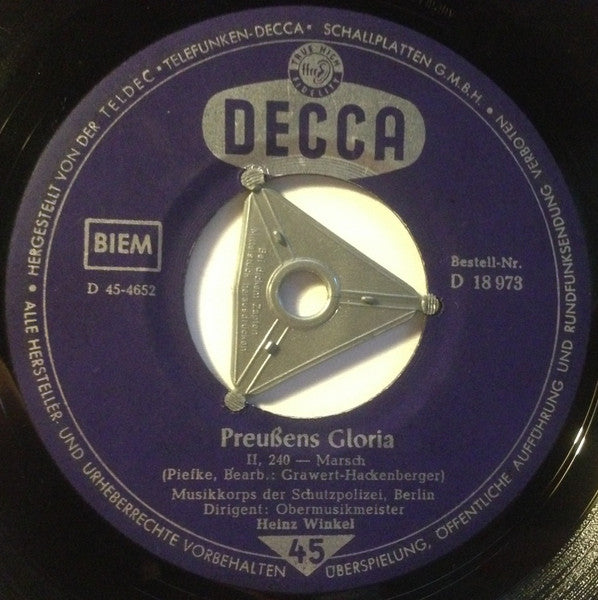 Heinz Winkel - Preußens Gloria Vinyl Singles Vinyl Very Good (VG) <br> Hoes Good Plus (G+)