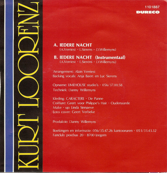 Kurt Loorenz - Iedere Nacht Vinyl Singles Vinyl Very Good (VG) <br> Hoes Good Plus (G+)