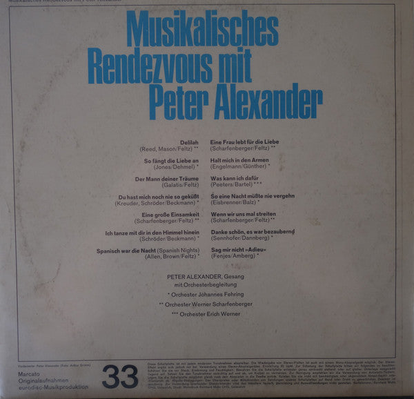 Peter Alexander - Musikalisches Rendezvous mit Peter Alexander (LP) Vinyl LP Vinyl Very Good (VG) <br> Hoes Good Plus (G+)