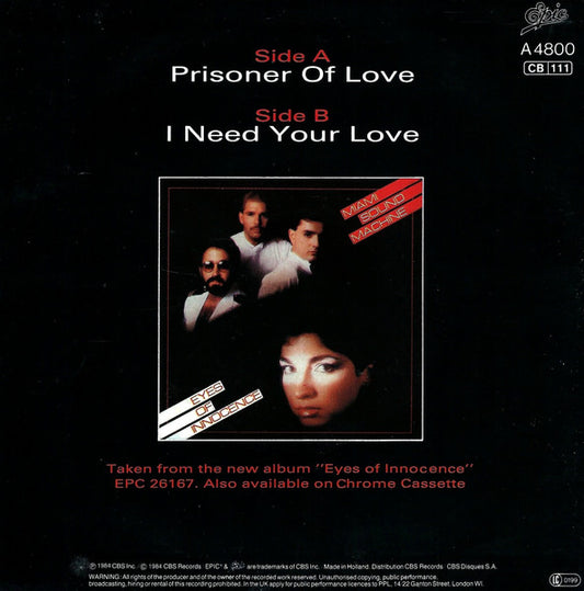 Miami Sound Machine - Prisoner Of Love (B-Keus) Vinyl Singles Vinyl Zeer Goed / Hoesje Goed "VINYLSINGLES.NL"
