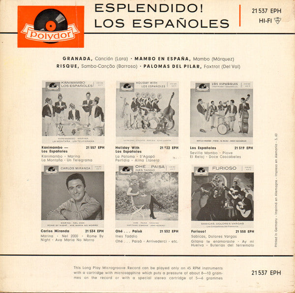 Los Españoles - Esplendido! Vinyl Singles EP Vinyl Very Good (VG) <br> Hoes Good Plus (G+)