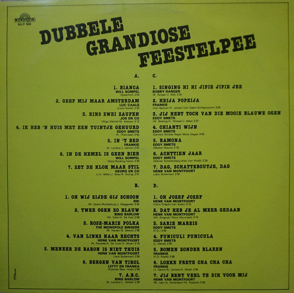 Various - Dubbel Grandiose Feestelpee Met 28 Feestliedjes (LP) Vinyl LP Vinyl Very Good (VG) <br> Hoes Good Plus (G+)