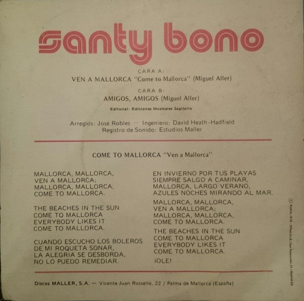 Santi Bono - Ven A Mallorca Vinyl Singles Vinyl Very Good (VG) <br> Hoes Good Plus (G+)