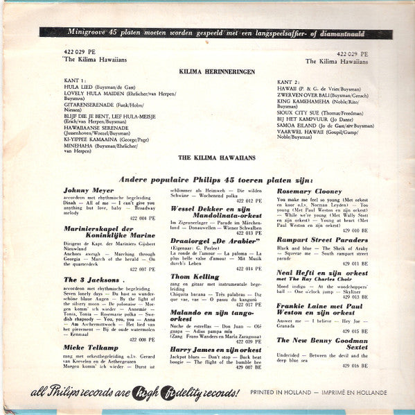 Kilima Hawaiians - Kilima Herineringen Vinyl Singles EP Vinyl Very Good (VG) <br> Hoes Good Plus (G+)