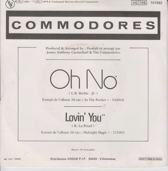 Commodores - Oh No Vinyl Singles Vinyl Very Good (VG) <br> Hoes Good Plus (G+)