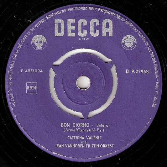 Caterina Valente - Sweetheart My Darling. Mijn Schat 05215 Vinyl Singles Vinyl Zeer Goed / Hoesje Generic "VINYLSINGLES.NL"