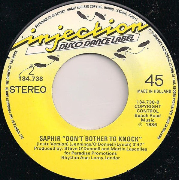 Cognac - Saphir Don't Bother To Knock Vinyl Singles Vinyl Very Good (VG) <br> Hoes Good Plus (G+)