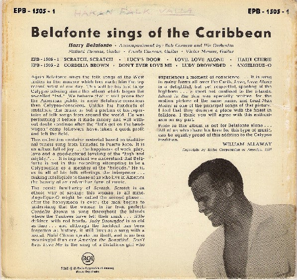 Harry Belafonte - Belafonte Sings Of The Caribbean Vinyl Singles EP Vinyl Goed / Hoes Redelijk