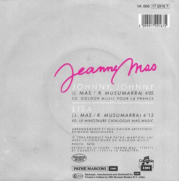 Jeanne Mas - Johnny, Johnny 36127 Vinyl Singles Vinyl Very Good (VG) <br> Hoes Good Plus (G+)
