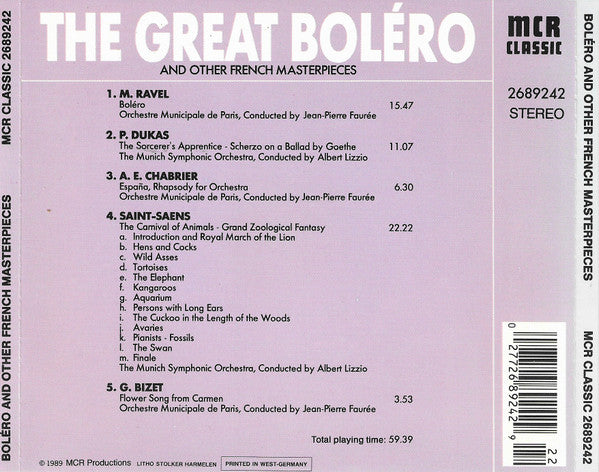 Maurice Ravel, Paul Dukas, ... - The Great Boléro And Other French Masterpieces (CD) Compact Disc Vinyl Very Good (VG) <br> Hoes Good Plus (G+)