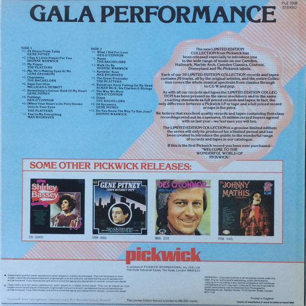 Various - Gala Performance (LP) Vinyl LP Vinyl Very Good (VG) <br> Hoes Good Plus (G+)