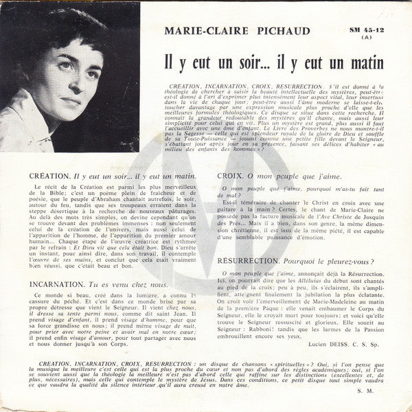 Marie-Claire Pichaud - Il Y Eut Un Soir Il Y Eut Un Matin 20021 Vinyl Singles EP Vinyl Very Good (VG) <br> Hoes Good Plus (G+)