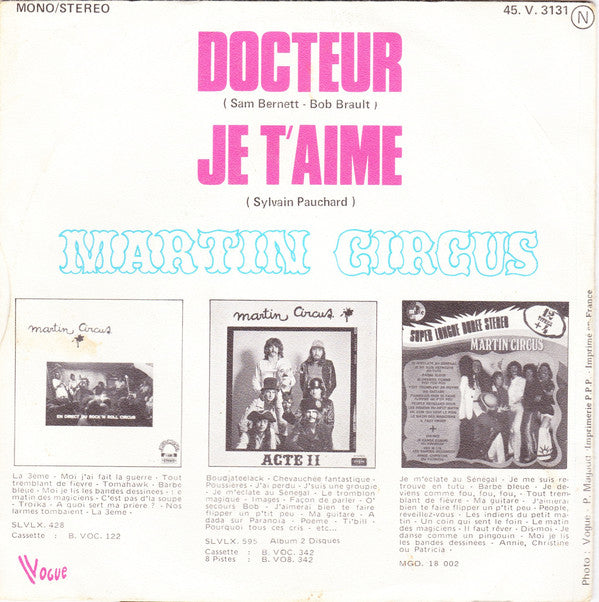 Martin Circus - Docteur Vinyl Singles Vinyl Very Good (VG) <br> Hoes Good Plus (G+)