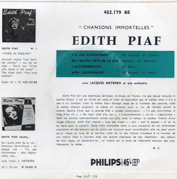 Edith Piaf Avec L'Orchestre De Jacques Météhen - Chansons Immortelles Vinyl Singles Vinyl Very Good (VG) <br> Hoes Good Plus (G+)
