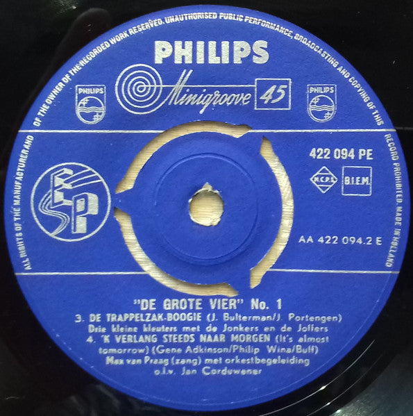 Various - De Grote Vier No. 1 Vinyl Singles EP Vinyl Very Good (VG) <br> Hoes Good Plus (G+)
