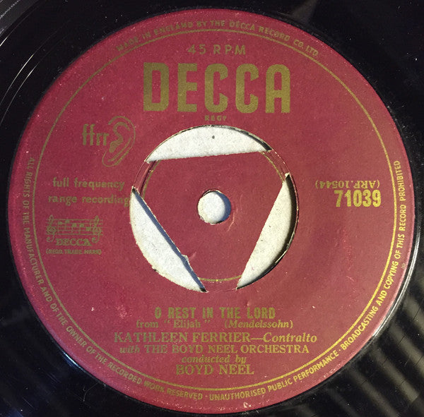 Kathleen Ferrier - O Rest In The Lord Vinyl Singles Vinyl Very Good (VG) <br> Hoes Good Plus (G+)
