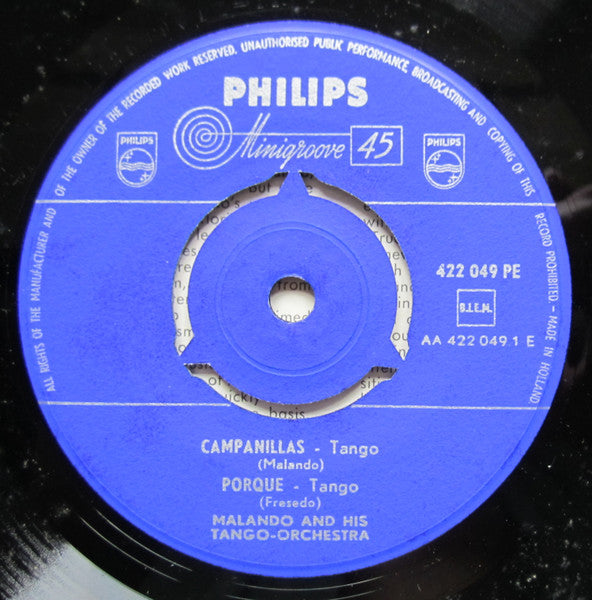 Malando And His Tango Orchestra - Campanillas Vinyl Singles EP Vinyl Very Good (VG) <br> Hoes Good Plus (G+)