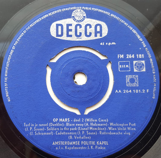 Amsterdamse Politiekapel o.l.v. Johan Pinkse - Op Mars Vinyl Singles Vinyl Zeer Goed / Hoesje Goed "VINYLSINGLES.NL"
