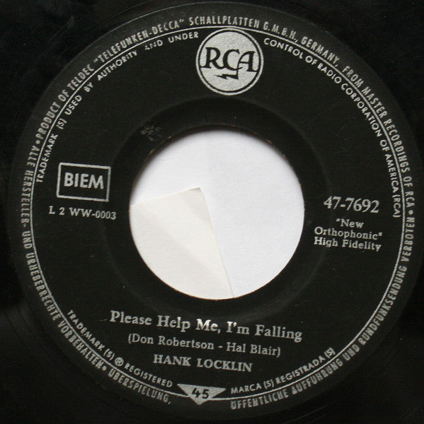 Hank Locklin - Please Help Me I'm Falling 19900 Vinyl Singles Vinyl Very Good (VG) <br> Hoes Generic