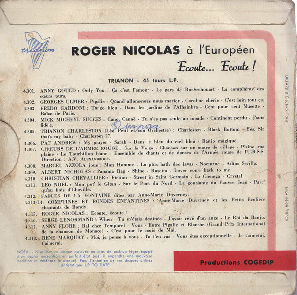 Roger Nicolas - A l'Européen Vinyl Singles Vinyl Very Good (VG) <br> Hoes Good Plus (G+)