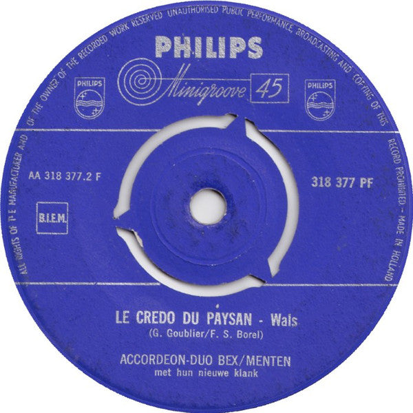 Akkordeon-Duo Bex-Menten - De Pierement-Wals Vinyl Singles Vinyl Very Good (VG) <br> Hoes Good Plus (G+)