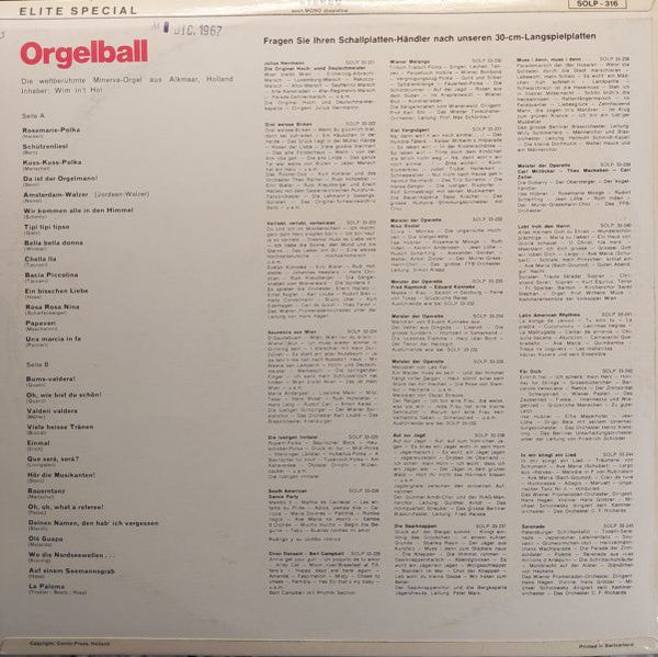 Weltberühmte Minerva-Orgel Aus Alkmaar - Orgelball (LP) Vinyl LP Vinyl Very Good (VG) <br> Hoes Good Plus (G+)