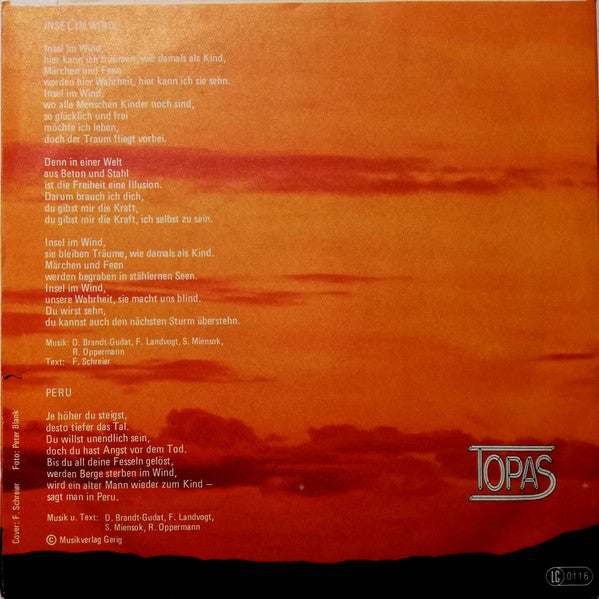 Topas - Insel Im Wind Vinyl Singles Vinyl Very Good (VG) <br> Hoes Good Plus (G+)