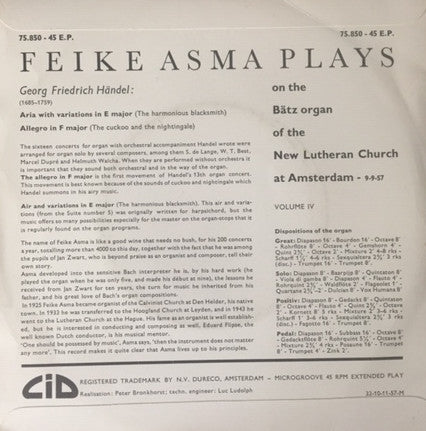 Feike Asma - Plays Georg Friedrich Handel Vinyl Singles Vinyl Very Good (VG) <br> Hoes Good Plus (G+)