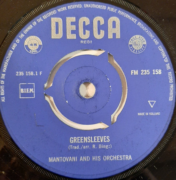 Mantovani And His Orchestra - Greensleeves Vinyl Singles Vinyl Very Good (VG) <br> Hoes Good Plus (G+)