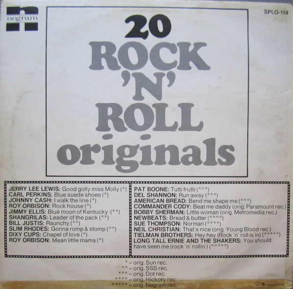 Various - 20 Rock 'N' Roll Originals (LP) Vinyl LP Vinyl Very Good (VG) <br> Hoes Good Plus (G+)