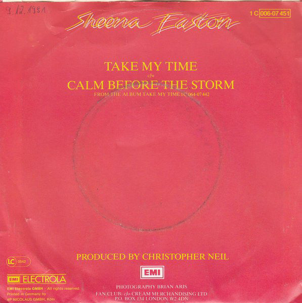 Sheena Easton - Take My Time Vinyl Singles Vinyl Very Good (VG) <br> Hoes Good Plus (G+)