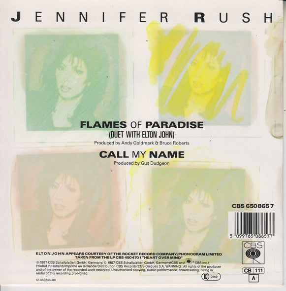 Jennifer Rush Duet With Elton John - Flames Of Paradise Vinyl Singles Vinyl Very Good (VG) <br> Hoes Good Plus (G+)
