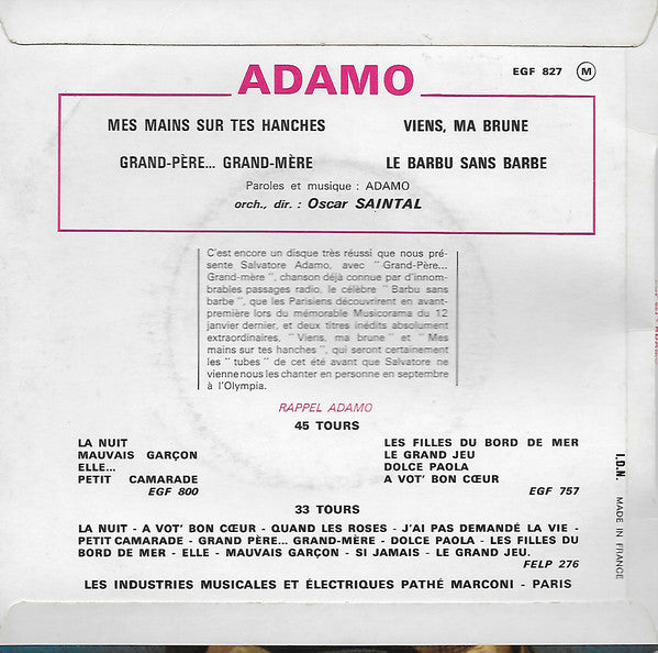 Adamo - Mes Mains Sur Tes Hanches Vinyl Singles Vinyl Very Good (VG) <br> Hoes Good Plus (G+)