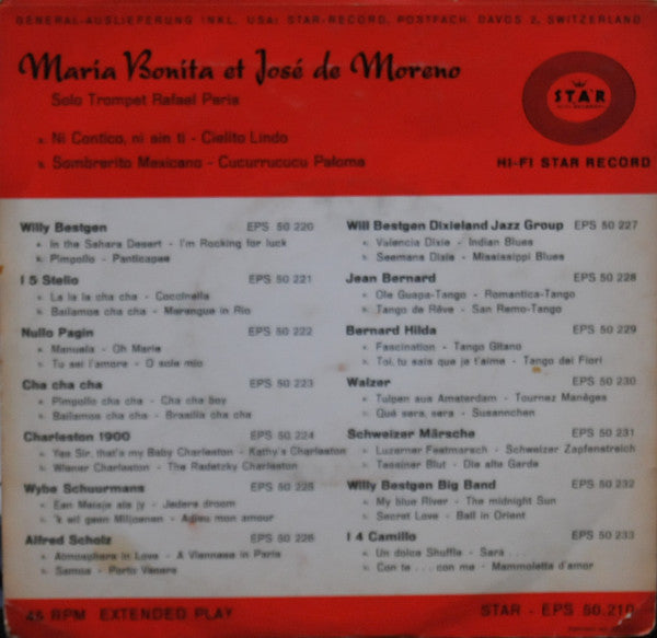 María Bonita Y José De Moreno - Ni Con Tico Ni Sin Ti Vinyl Singles EP Vinyl Very Good (VG) <br> Hoes Good Plus (G+)