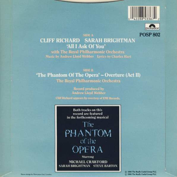 Cliff Richard Sarah Brightman Andrew Lloyd Webber - All I Ask Of You Vinyl Singles Vinyl Very Good (VG) <br> Hoes Good Plus (G+)