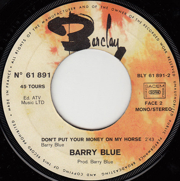 Barry Blue - Do You Wanna Dance Vinyl Singles Vinyl Very Good (VG) <br> Hoes Good Plus (G+)