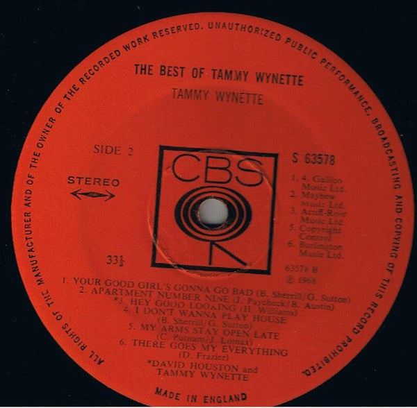 Tammy Wynette - The Best Of Tammy Wynette (LP) Vinyl LP Vinyl Very Good (VG) <br> Hoes Good Plus (G+)