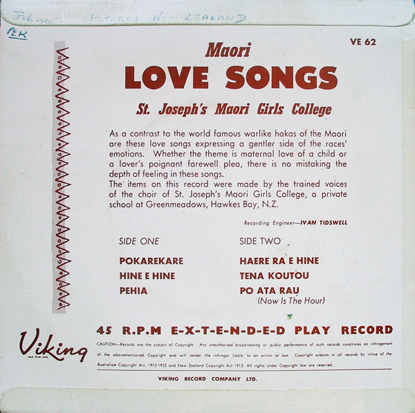 St. Joseph's Maori Girls College Choir - Maori Love Songs Vinyl Singles EP Vinyl Very Good (VG) <br> Hoes Good Plus (G+)
