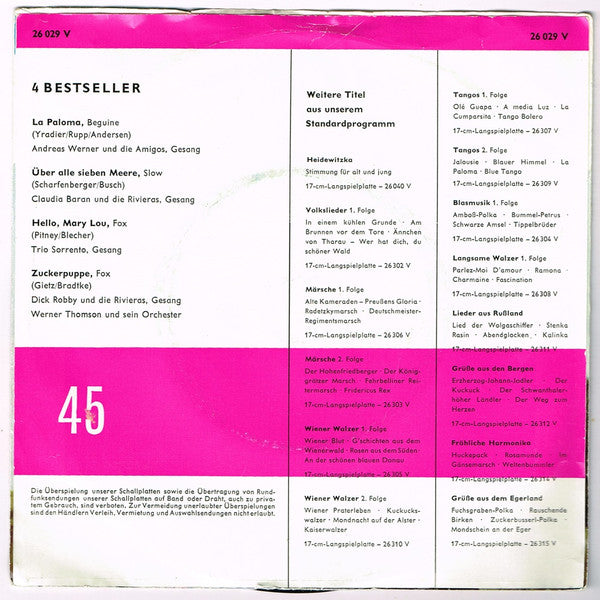 Various - La Paloma Vinyl Singles EP Vinyl Very Good (VG) <br> Hoes Good Plus (G+)