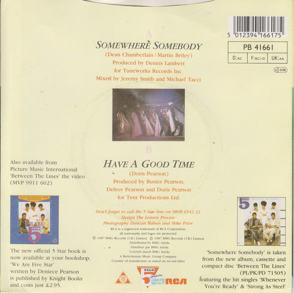 Five Star - Somewhere Somebody Vinyl Singles Vinyl Very Good (VG) <br> Hoes Good Plus (G+)